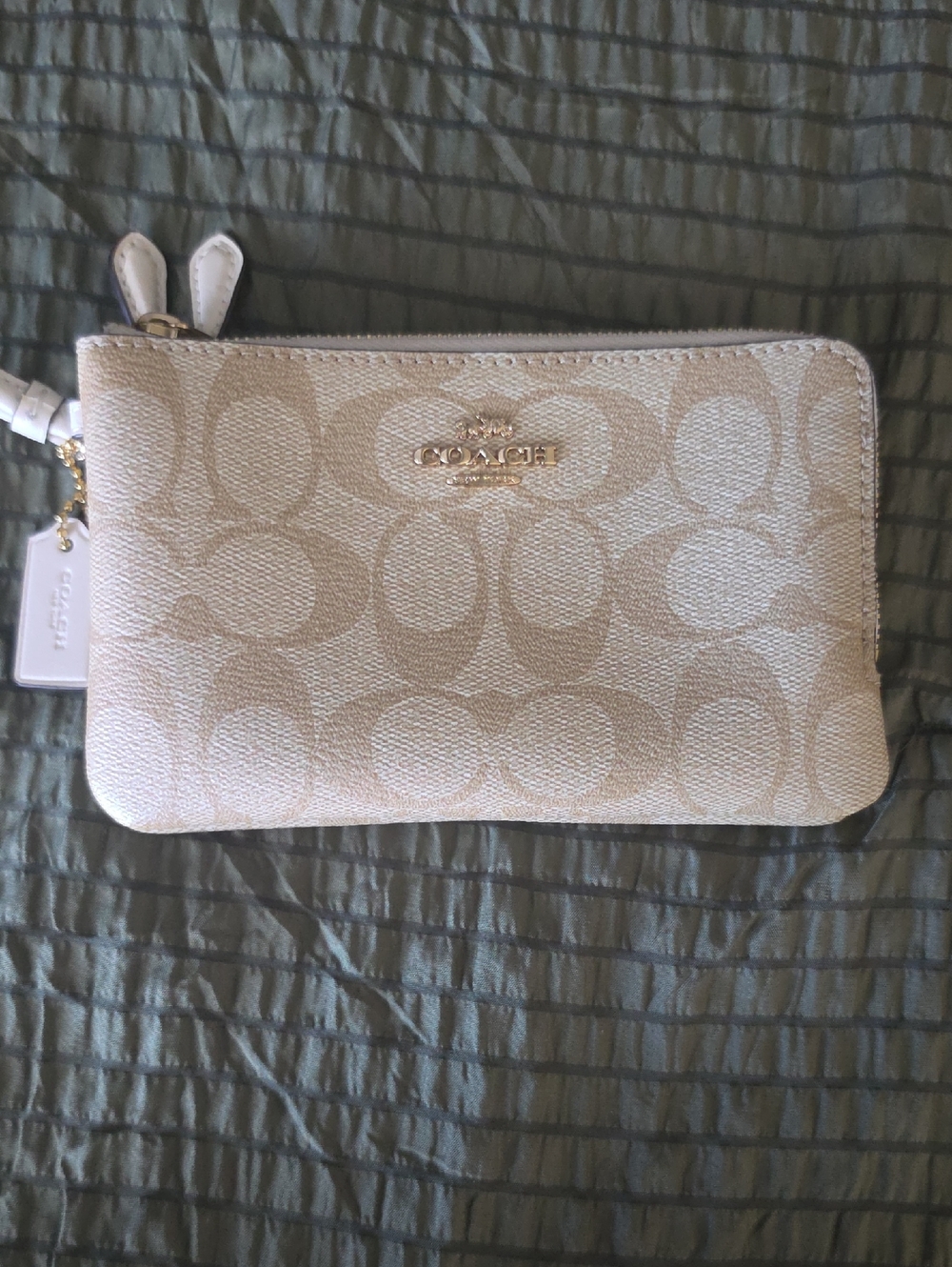 Coach Signature Zip Wallet in Beige and Cream with Gold Hardware